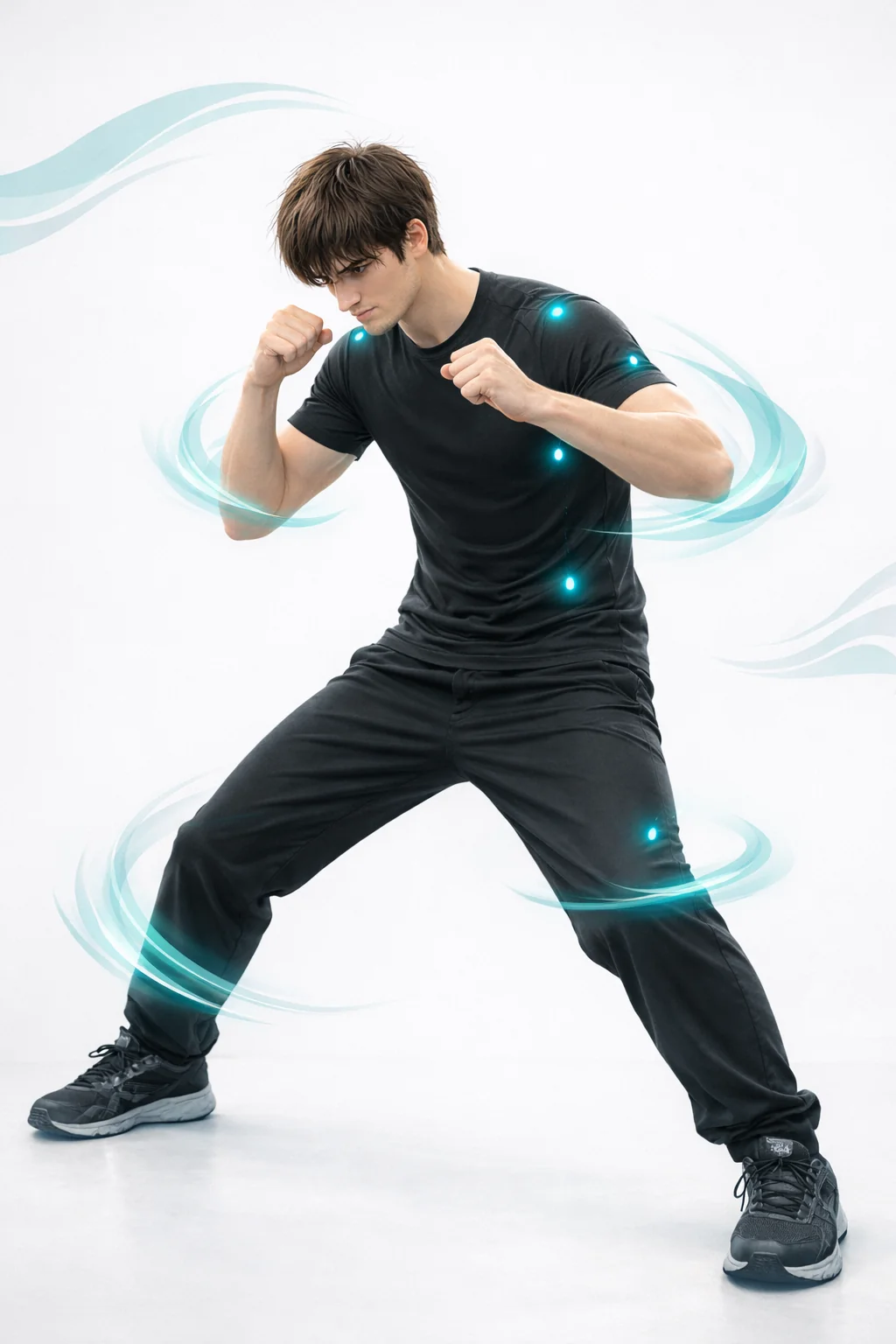 Gamer wearing Tsunagari motion-capture shirt — full body engaged