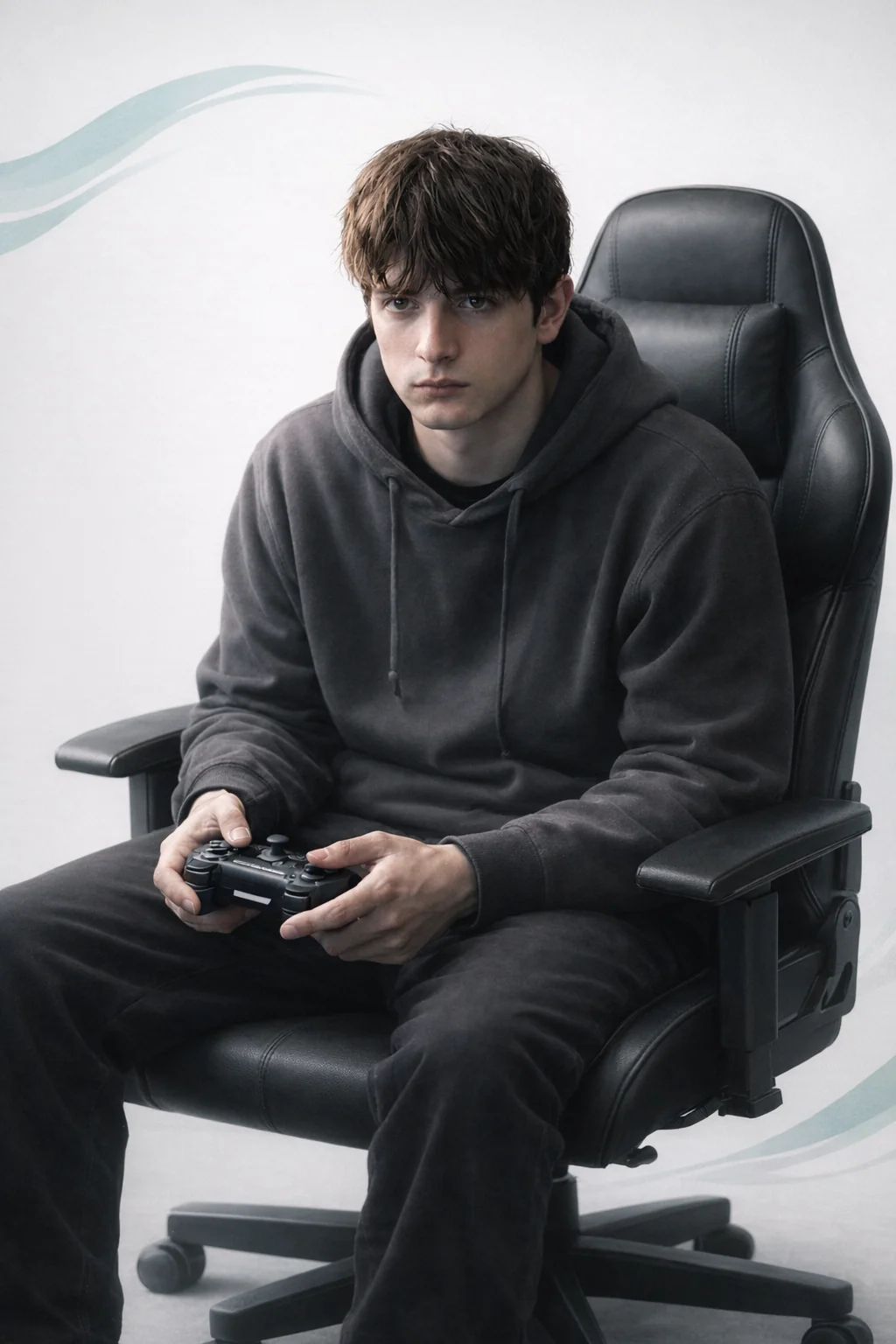 Seated gamer — fingers on the controller, body passive