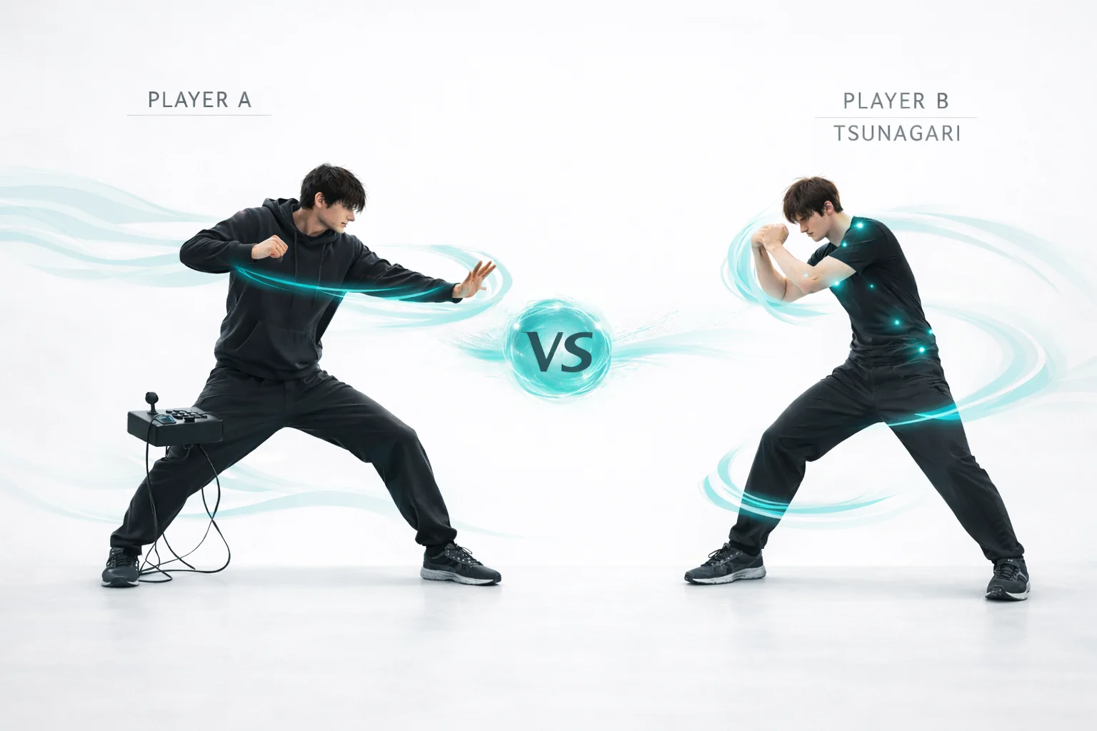 Player A with joystick throws fireball — Player B with Tsunagari motion shirt blocks